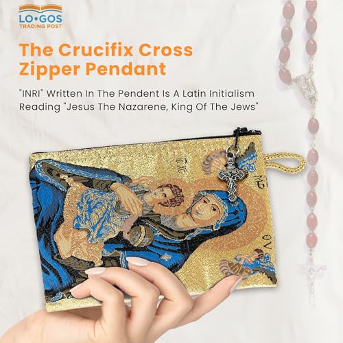 Image of Catholic Rosary Pouch, Saint Joseph and Baby Jesus & Madonna and Child, 4 inch x 6 inch Jewelry & Coin Purse with Cross, Small Woven Tapestry Icon Bag, Bolsa de Rosario Catolico para Joyeria