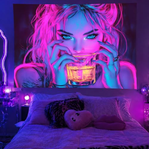 Image of BlissYard Blacklight Anime Girl Tapestry 78x59 Inch Girl Poster | Cool Cute Woman UV Reactive Wall Hanging, Glow in The Dark Aesthetic Poster for Bedroom Room Party Backdrop Bar Decor