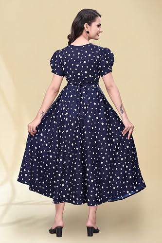 Image of Women's A-Line Crepe Maxi Dress | Stylish Fit and Flare Dress with Round Neck Short Puff Sleeves for Casual Wear