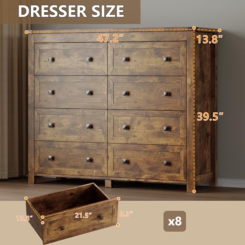 Image of BORNOON Tall 8-Drawer Dresser, Modern Wooden Storage Chest of Drawers, Dresser TV Stand, Wood Drawer Organizer with Metal Handles for Bedroom, Living Room, Hallway