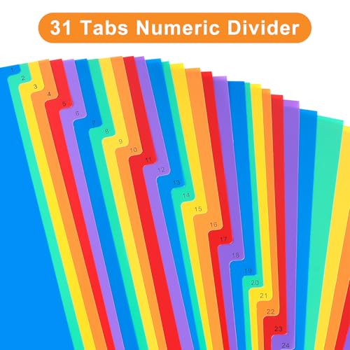 Intercalaires à onglets 1 à 31 multicolores avec table des matières