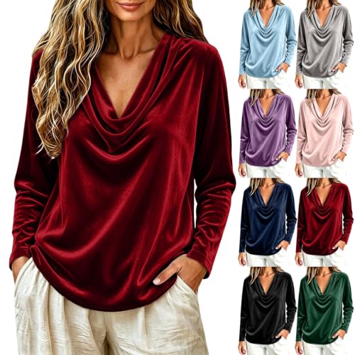 Velvet Tops for Women Cowl Neck Long Sleeve Dressy Casual Velour Shirt - image 1