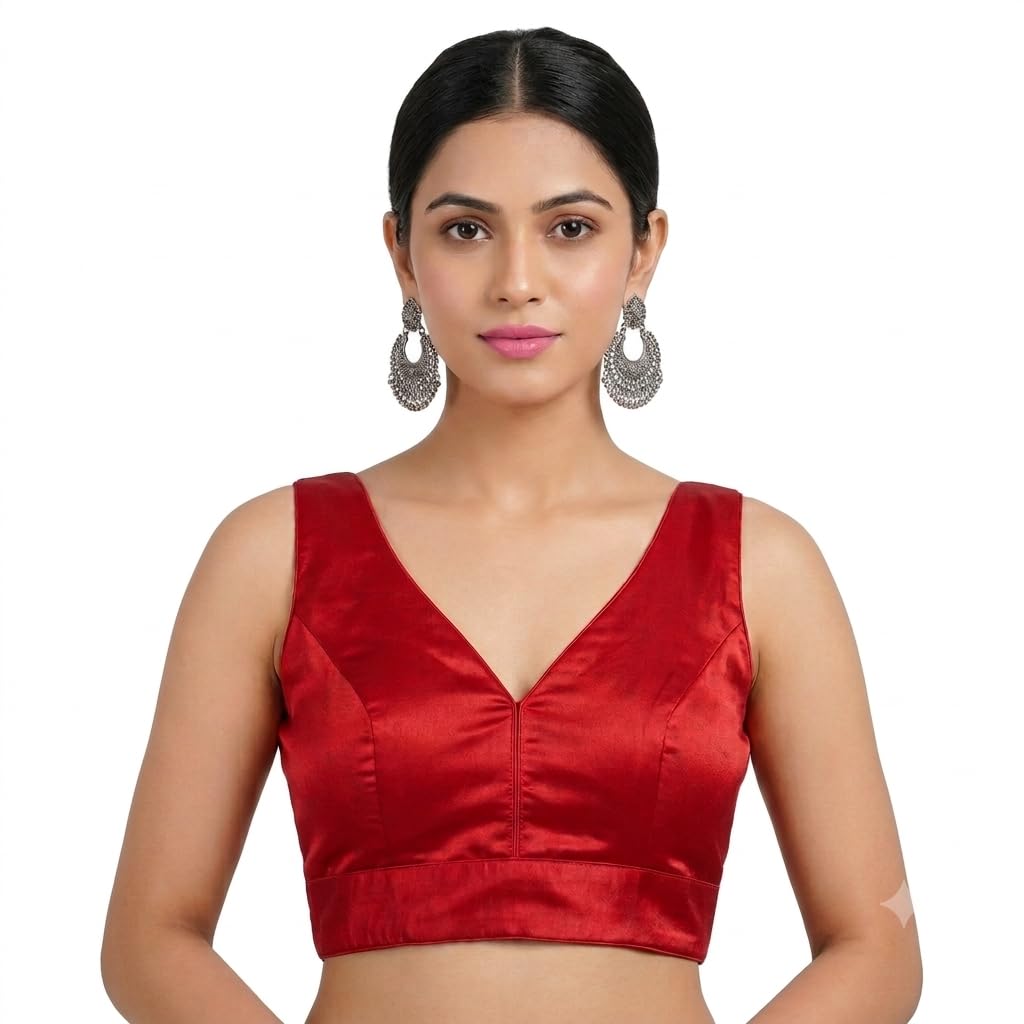 Women's Gajji Silk Designer Blouse | V Neck | Padded | Sleeveless | Optional Sleeves Included | Ready to Wear Saree Blouse for Party, Wedding-picture-59
