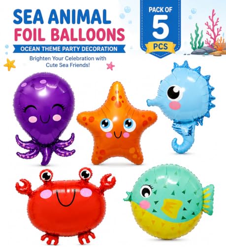 Image of Rozi Decoration 5 Pcs Under The Sea Theme Foil Balloon for Birthday Decoration | Ocean Animals Foil Balloon with Octopus, Starfish, Crab, Seahorse & Puffer Fish | Mermaid Theme Birthday Decoration Kit