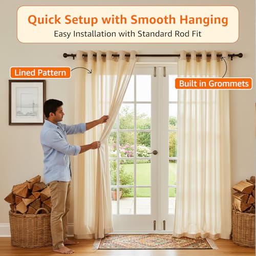 Image of Amazon Basics - Stripe Textured Sheer Door Curtains | Light Filtering | 7 Feet | Set of 2 | Striped Design | for Living Room, Bedroom & Balcony | 210cm x 115cm, Color - Cream