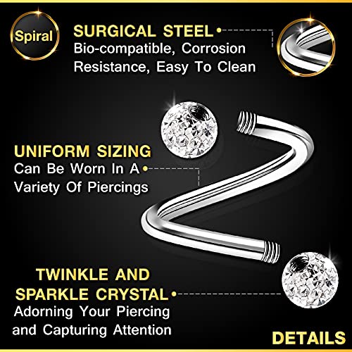 2PCS Stainless Steel Twisted Barbell 16 gauge 5/16 8mm 3mm Clear Crystal Ball Eyebrow Earrings Labret Piercing Jewelry 2156, 0.04pounds3
