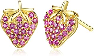 Cubic Zirconia Strawberry Stud Earrings Hypoallergenic 14k Gold Plated Stud Earring for Women Girls Jewellery Gift