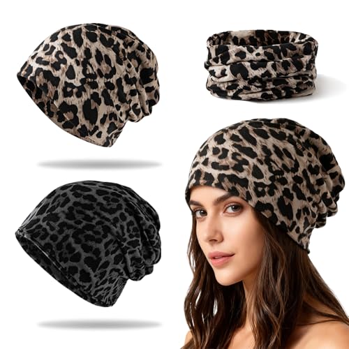 BSITSSS 2 Stück Schlauchschal Leopardenmuster, Warmer Winterschal Mütze 2-in-1, Leoprint Loop Schal Halstuch Damen für Frauen Herbst Winter Geburtstagsgeschenk