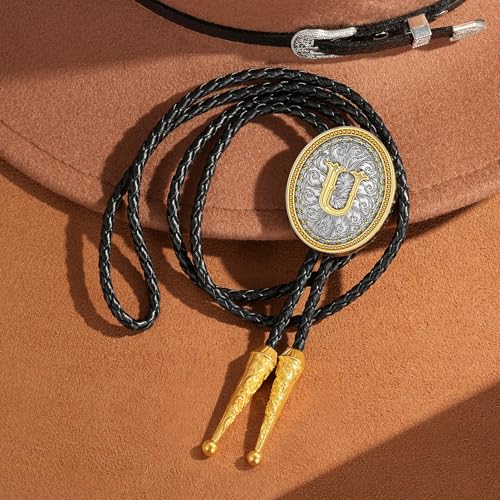 Image of HUABOLA CALYN Bolo tie for Men, Western Cowboy Golden Alphabet Initial Letter ABCDJMR to Y Costume Bolo ties Neckties