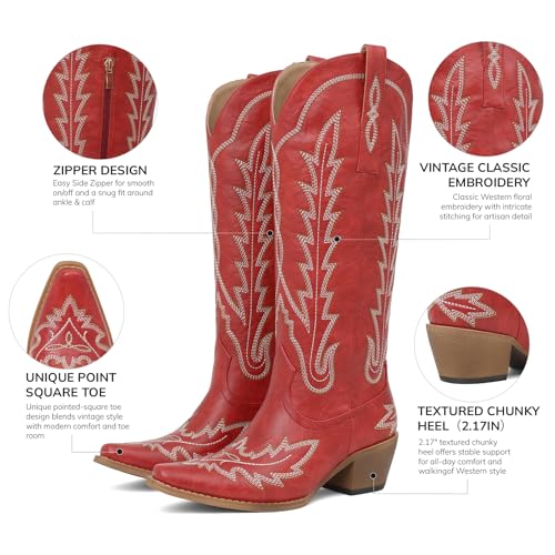 Image of mikarka Western Cowboy Boots for Women Cowgirl Knee High Boots Pointed Toe Chunky Heel Faux Leather & Suede Vintage Classic Tall Boots