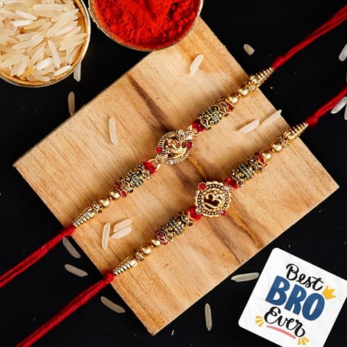 Image of eCraftIndia Set of 2 Designer Rakhi for Brother with Best Bro Ever Fridge Magnet & Roli Chawal Pack | Raksha Bandhan Rakhi Combo for Bhaiya Bhai | Traditional Decorative Festive Thread Set