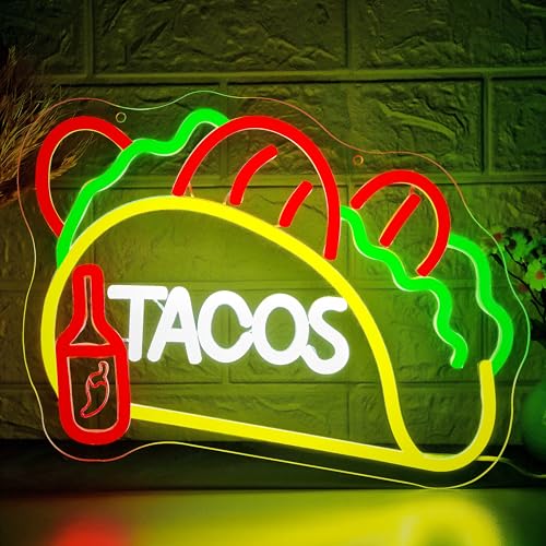 Tacos Neon Sign for Wall Decor Dimmable Tacos Bell Neon Light for Man Cave Led Light Up Food Sign for Mexican Restaurant Shop Beer Bar Party Decoration Christmas Birthday Gift Size12.9*10.7I