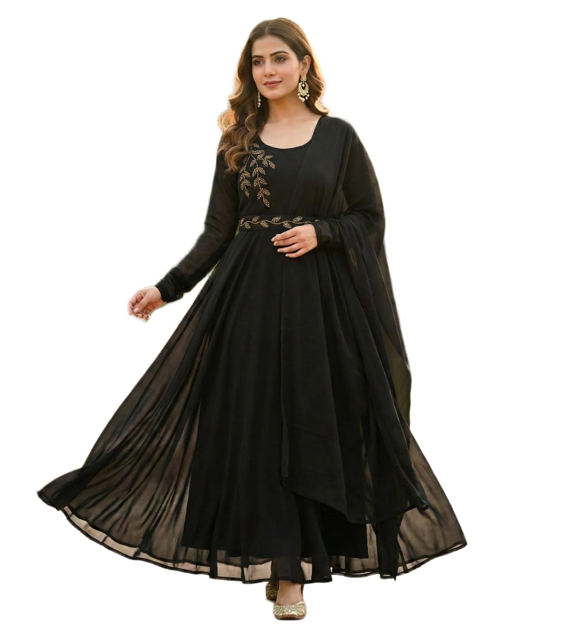 vrionsdn Womens Georgette Full Sleeves Round Neck Gown Featuring Leaf Design On The Chest with Leaf Design Belt and Dupatta 3 Piece Ethnic Wear (Pink)-picture-26