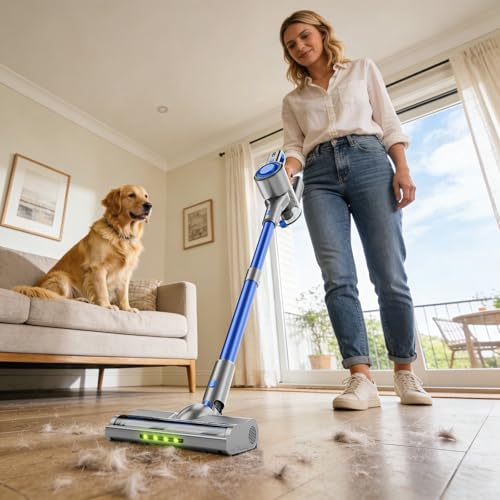 Image of Cordless Vacuum Cleaner for Home, 6-in-1 Lightweight Vacuum, Powerful Stick Vacuum for Pet Hair, Blue