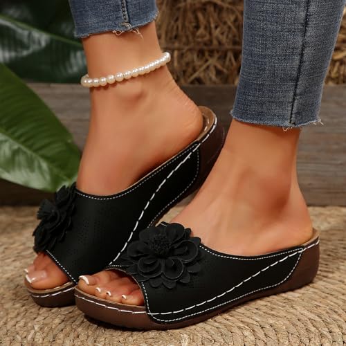 Summer Beach Sandals for Women Comfortable Wedge Sandals Leather Open Toe Slides with Arch Support Ladies Dressy Flower Flat Platform Sandals for Casual Walking Outdoor Wear3