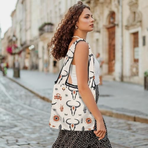 Western Cowboy Boots and Hats in Desert Canvas Tote Bag for Women, Medium Reusable Grocery Totes Washable and Eco-friendly2