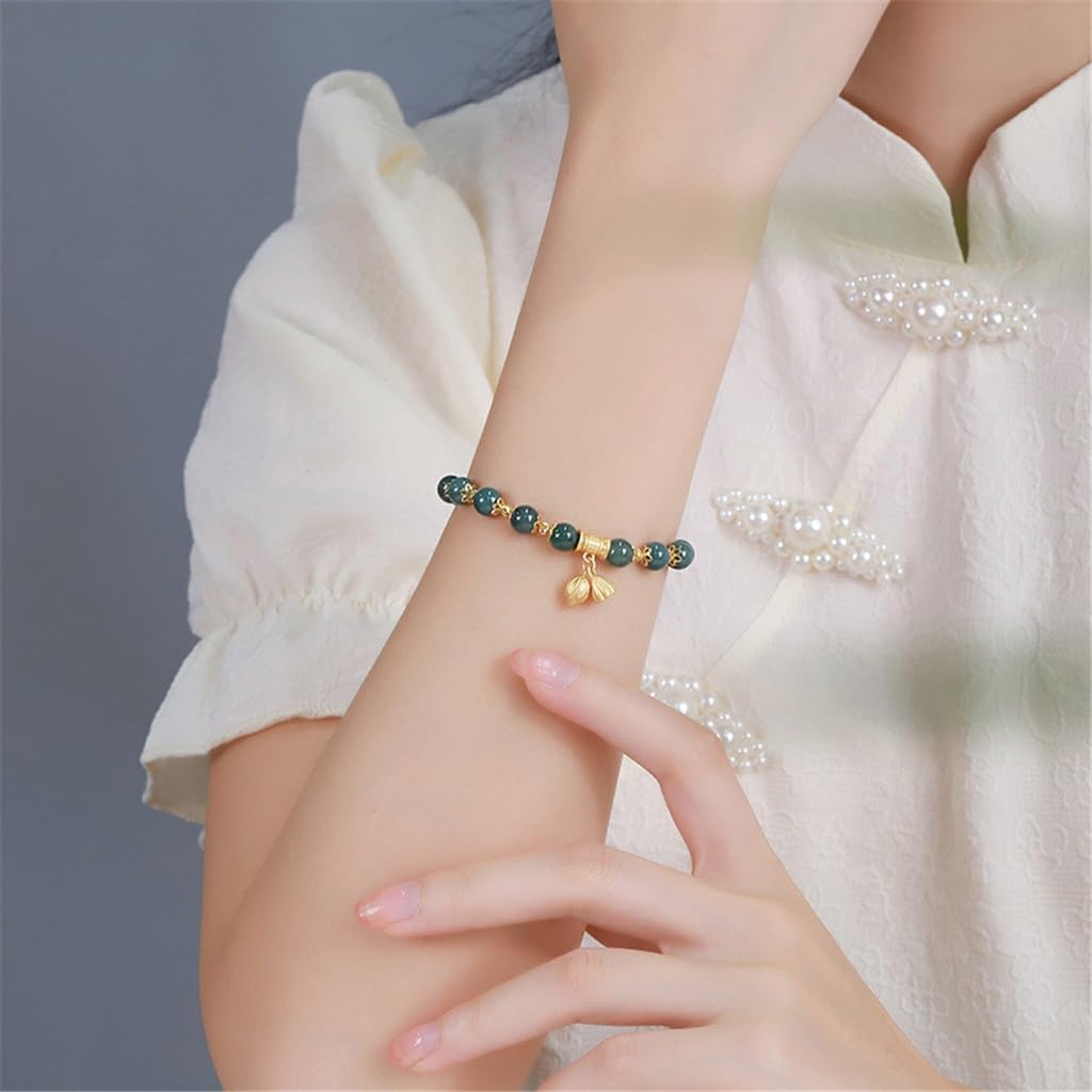 MOCHAMIK Bracciale con Cordino in Giada con Fiori retrò in Argento 925, Braccialetto di buona Fortuna a Due Mondi