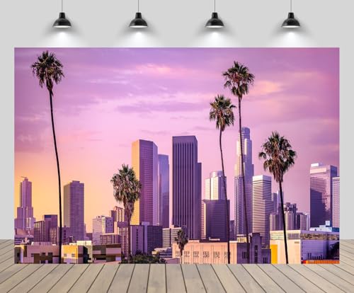 CHNYWORK 5x3ft Los Angeles Backdrop Untied States Cityscape Skyline of LA Palm Trees Skyscraper Sunset Scenery Background American Travel Party Decor Kids Adults Artistic Portrait Photo Studio Props