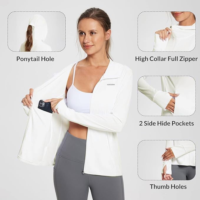 Image of Alexvyan Size-L White Full Length Women's UV & Sun Protection Jacket with 4 Pocket, Lightweight Summer Sun Screen Hoodie, UPF 50+ Protection for Outdoors, Long Full Zipper Jacket- FIT 50-65 KG