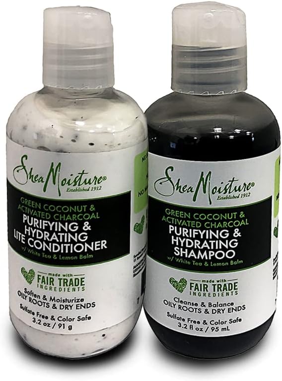 Shea Moisture Travel Size Green Coconut and Activated Charcoal Shampoo and Conditioner Set for Unisex, 3.2 Ounce