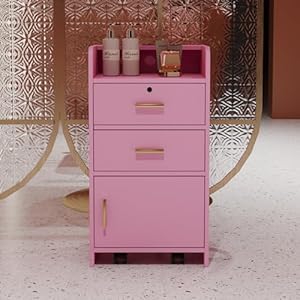 Henf Barber Stations Storage Cabinet with Drawer & Wheels, Floor Stand Styling Sation for Hair Stylist, Wood Beauty Salon Spa Equipment, Classic Beauty Spa Storage Table with Appliance Holders (Pink)