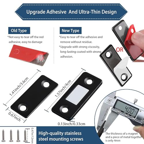 Image of Boniry Magnetic Door Catch,Ultra Thin Cabinet Magnetic Catch with Strong Adhesive Sticker & Screws, Slim Drawer Magnets Locks Furniture Safety Latches (Black, 4)