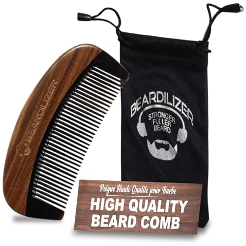 Beardilizer Premium Beard Comb for Men - 100% Natural Black Ox Buffalo Horn & Sandalwood Handle with Carrying Pouch, Professional Anti-Static Fine and Coarse Teeth Cover