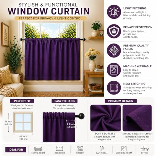 Image of Valance Blackout Rod Pocket Pattern Curtain Pack of 1 Piece, Kitchen Curtain | 3 Feet - Purple