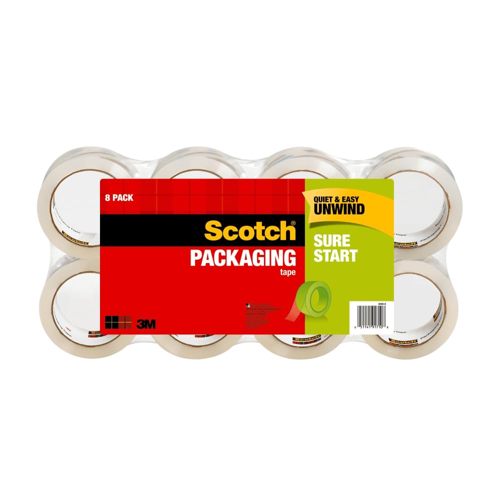 3M 3 M – 34508 – Inicio Seguro de Scotch Cinta de Embalaje Cintas Adhesivas Precintos – 1,88 x 54.60 9,14 m Longitud – 3 Core – Goma sintética Resina – 8Paquete – Claro