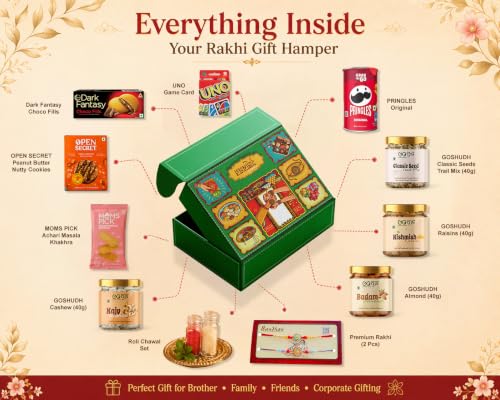 Image of Goshudh 11 Item Rakhi Gift Hamper for Brother & Sister | Almonds, Cashews, Classic Seed Trail Mix, Raisins, Pringles, UNO Cards, Open Secret Peanut Butter Cookies, Dark Fantasy, Mom's Pick Khakhra, Set of 2 Rakhi with Roli Chawal | Raksha Bandhan Gift Box