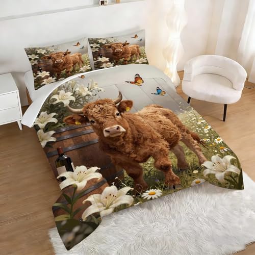 Image of Highland Cow Comforter Set Full Size Wildlife Farmhouse Cow Bedding Sets for Girls Boys Kids Adults Bedroom Decor 3D Kawaii Flower Animal Quilt 1 Comforter 2 Pillowcases