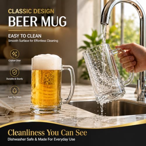 Image of WRINGO Solid Heavy Beer Mugs Set of 2, 450ML Glass Mug with Handle, Large Big Heavy Mugs for Freezer, Multipurpose Mugs, Dishwasher & Microwave Safe (BR-10)