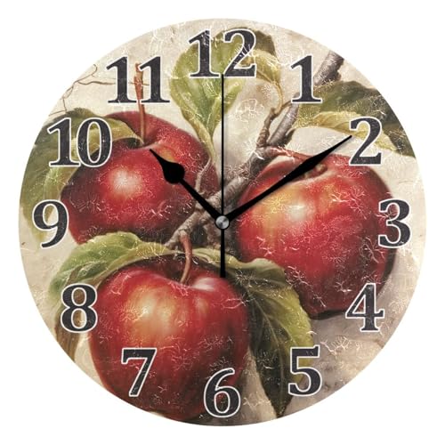 Red Apples Wall Clock Round Vintage Silent Non Ticking Battery Operated Accurate Arabic Numerals Design for Home Kitchen Living Room Bedroom 10 Inch