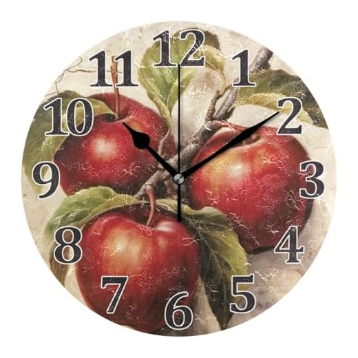 Red Apples Wall Clock Round Vintage Silent Non Ticking Battery Operated Accurate Arabic Numerals Design for Home Kitchen Living Room Bedroom 10 Inch
