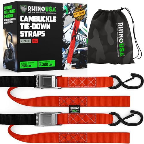 Image of Rhino USA Motorcycle Tie Down Straps (2 Pack) Lab Inspected 2,200lb Break Strength, Steel Cambuckle Tiedown Set with Integrated Soft Loops - Better Than a Ratchet Strap (Red 2-Pack)