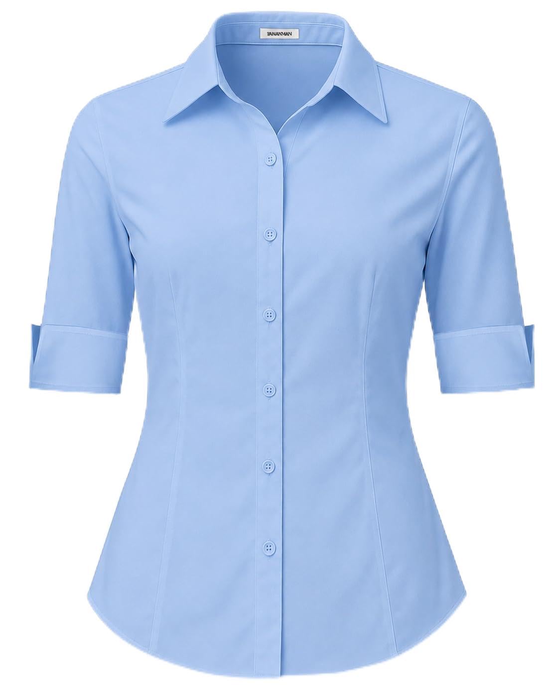 SPRING SEAON Damen Bluse 3/4 Ärmel Slim Fit V-Ausschnitt Knopfleiste Hemd Shirt Business Blusen mit Knopleiste Kurzarm Blusenshirt Tops Sommer Herbst Hemdbluse für Büro und Freizeit