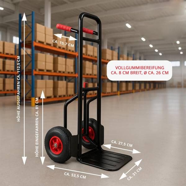Sackkarre 200 kg klappbar, Schwerlast Sackkarre mit Vollgummireifen, ausziehbare Transportkarre faltbar mit Treppenfunktion, stabile Handkarre für Umzug, Baustelle, Garten, Lager und schwere Lasten