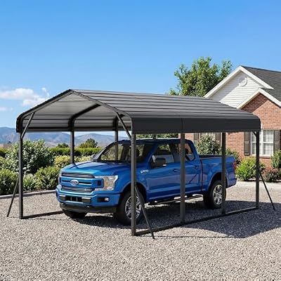 ALAULM 10x15FT Metal Carport w/Galvanized Steel Roof? Heavy Duty Car Port with Reinforced Support Rods & Windproof Anchors, All-Weather Outdoor Garage for Car, Truck, RV, Boat, Tractor
