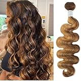ALHER #P4/27 Honey Blonde Highlight Bundle 30 Inch Body Wave, 12A 100% Brazilian Remy Real Human Hair Piano Color Highlight Brown Balayage Ombre Colored Thick Single Bundle Wavy For Black Women