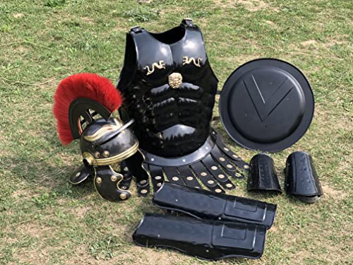 Nautical-Mart Medieval Muscle Body Armor Set Roman Centurion Helmet, Leg & Arm Guard, Shield Halloween Costume (Red Plume)