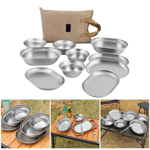 6/8/10PCS Camping Plates Metal Servings Dishes 304 Stainlesss Steel Tablewares Outdoor Kitchenwares Plates