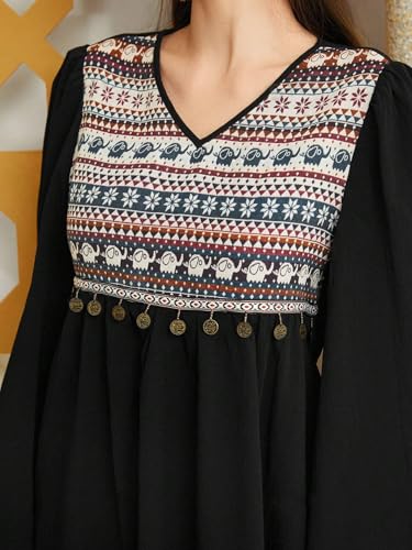 Tadkee Women's Geometric Pattern V-Neck Bell Sleeve One Piece Dress (Fn-V-Flared-One-Piece-126-Black-Xl)