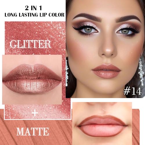 Image of evpct Bronze Gold Metallic Glitter Lip Liner and Lipstick Combo Lip Gloss Stain Set Makeup for Women Long Lasting Waterproof 24, Rose Gold Metallic Shimmer Frosted Iridescent Glossy Liquid Lipstick 14