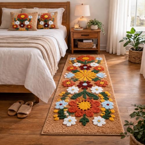 Image of Roseate Tan Daisy Super Soft (50x125 cm) Microfibre 2000 GSM Anti Skid Runner for Bedroom /Carpets for Living Room /Kitchen Mats for Floor /Floor Mat /Bathroom Mat /Rug