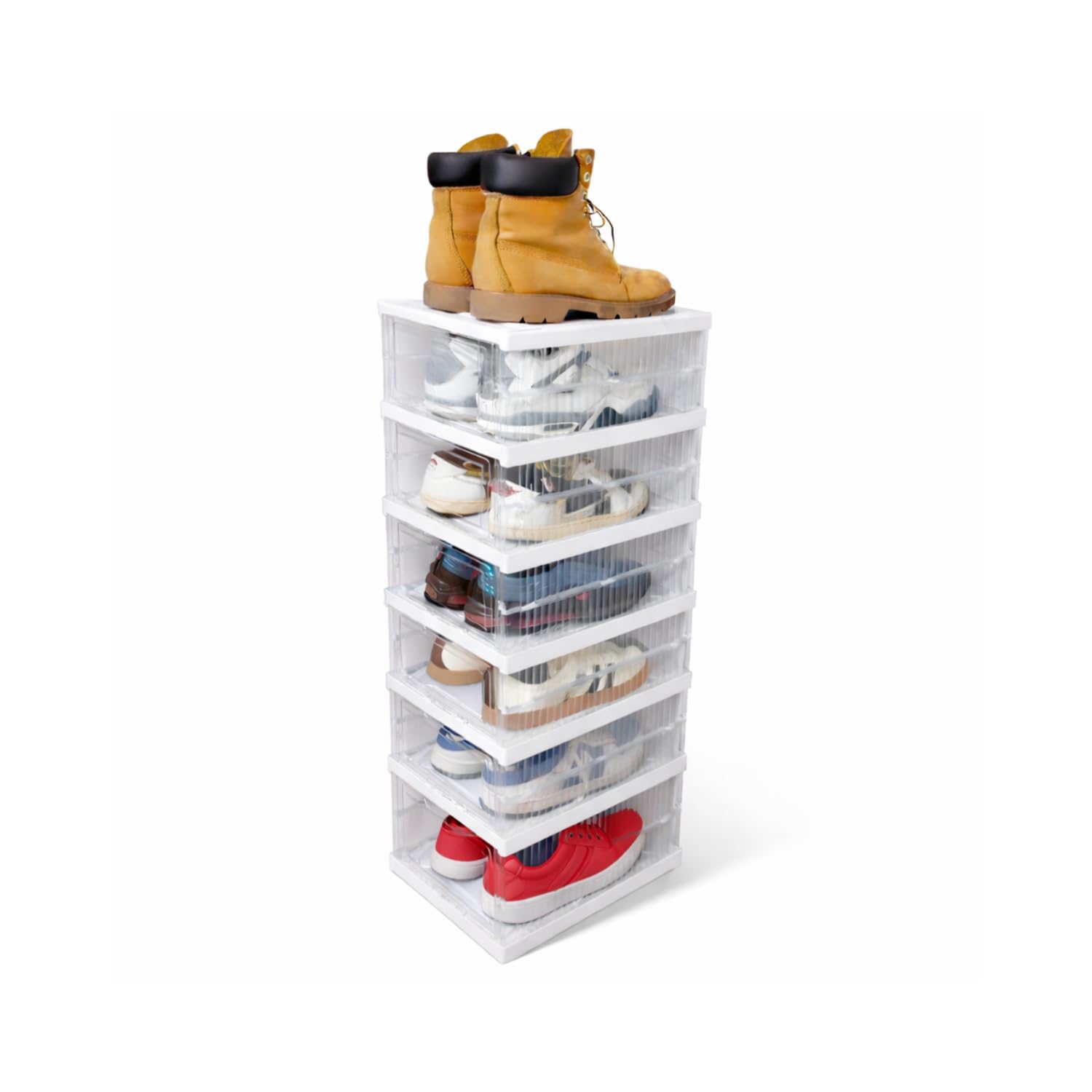 Porta Scarpe Verticale Impilabili Pieghevole Scatole Trasparenti 6 Box Salvaspazio Apertura Frontale Organizzatore PortaScarpe in Plastica Contenitori Traspiranti Scarpiera Sneakers