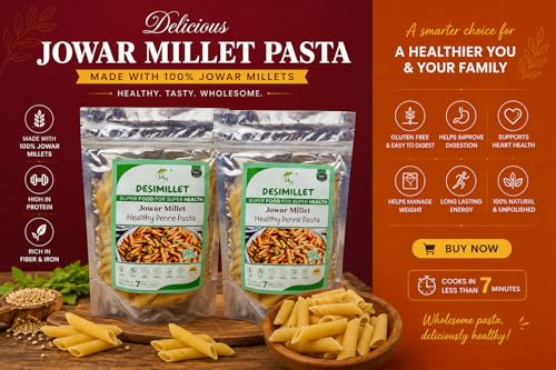 Image of DESIMILLET Jowar Millet Pasta | No Maida, Easy to Digest | Rich in Anti-Oxidant, High Fibre, Iron-Rich Vegan Breakfast | Control Blood Sugar, Diabetic Friendly for Adults - 450 GM (Pack of 3)