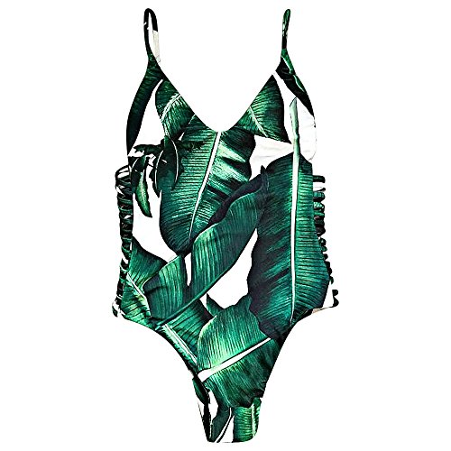 Bañador Mujer 2018 Acolchado Bra Bikini Set Monokini Floral Sexy Traje de Baño de Playa Estampado de Hojas Espalda Descubierta, XL