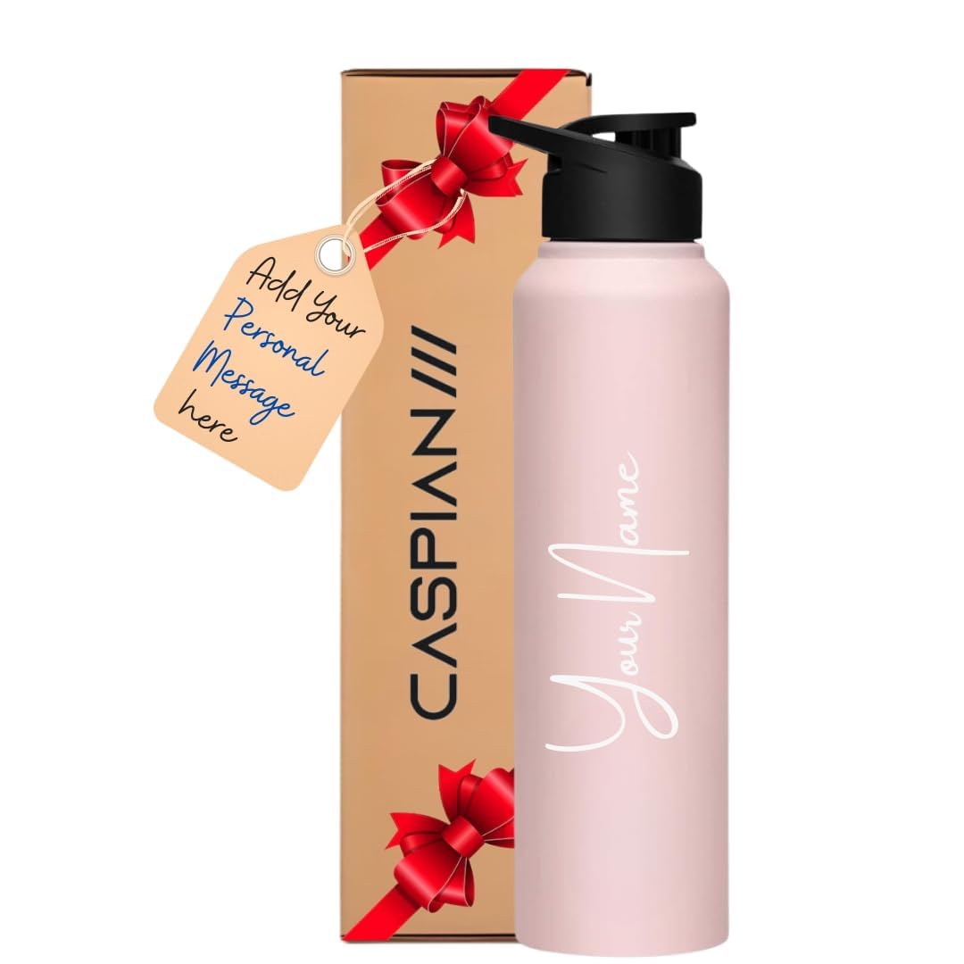 CASPIAN /// Hike Stainless Steel Customize Sipper Water Bottle| Leak Proof Thunder for Fridge Home Office Travel School Kids Boys Girls Adults Sports Gym Yoga (CUS-Light Pink 1 Litre, Set of 1)