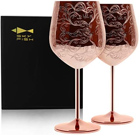 Sky Fish Etched Stainless Steel Wine Glasses With Copper Plated ,Set of 2(17oz) Wine Goblets