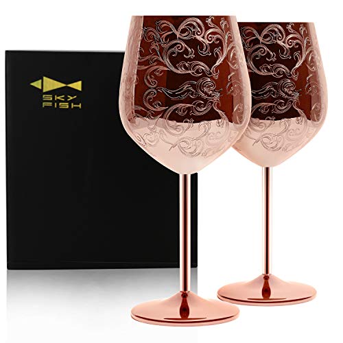 SKY FISH Etched Stainless Steel Wine Glasses With Copper Plated Set of 217oz